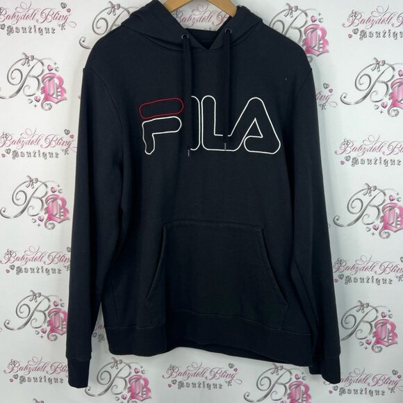 Fila hoodie embroidered embroidery warm cozy Black Hoodie with Logo Design - Picture 1 of 8
